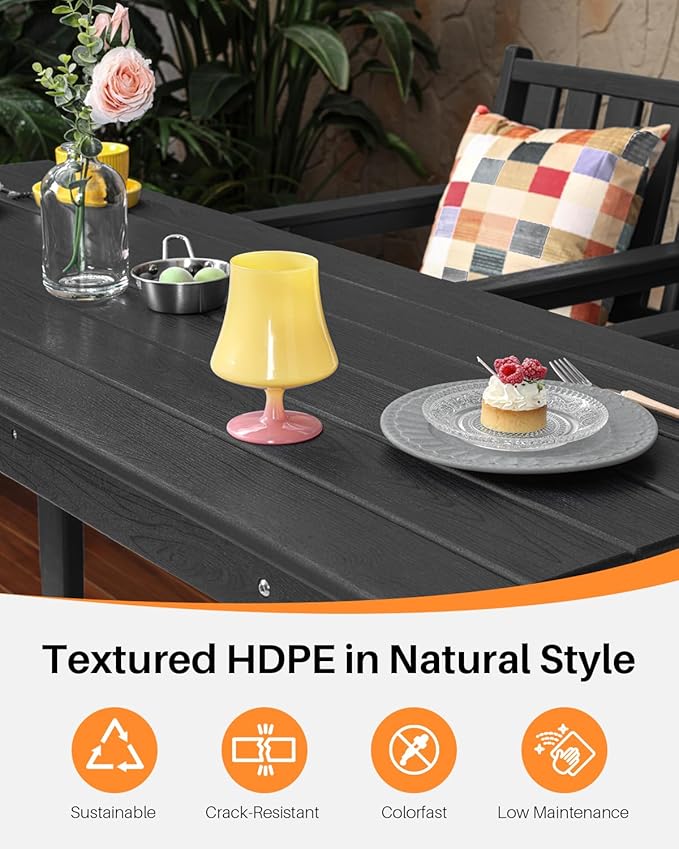 3 Pieces HDPE Outdoor Bar Table and Chairs Set, Tall Adirondack Chairs Set of 2 with Rectangular Bar Table, Patio Bar Stools Set, HDPE Outdoor Patio Bar Set for Balcony, Porch, Deck, Obsidian