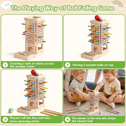 Montessori Toys for 3 Year Old Fine Motor Skills Toys for 5 Year Old Wooden Board Game - Educational Toys with Colorful Sticks, Dice & Stones, Family Game Gifts for Age 4 5 6 7 8 Boys Girls