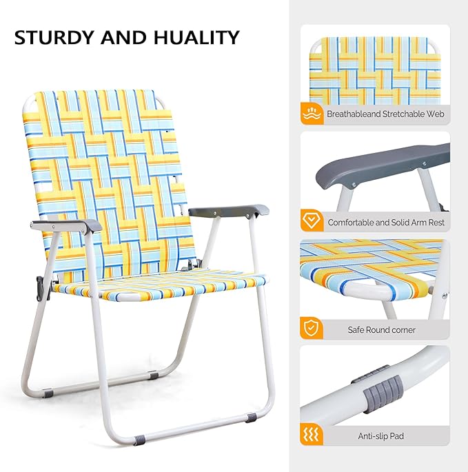 VINGLI Patio Lawn Webbed Folding Chairs Outdoor Beach Portable Camping Chair for Yard, Garden (2, Yellow, Oversized)