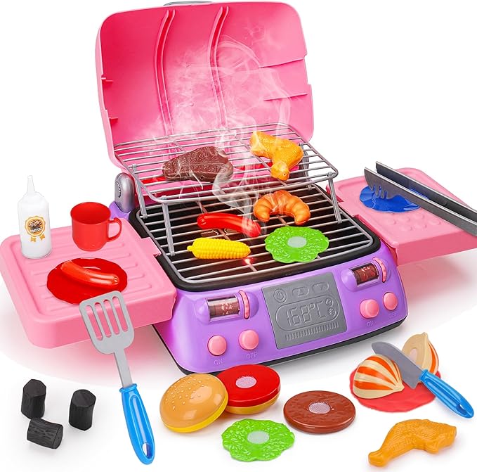 Kids BBQ Grill Playset Kitchen Toy Set with Pretend Smoke Sound Light Toddler Girls Pink Play Food Ages 3-5 4-8 Indoor Outdoor Cooking Barbecue Toys for 3 4 6 Year Old Girl Birthday Gift