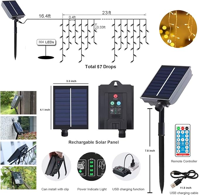Upgraded Solar Christmas Icicle Lights,304 LED Outdoor Christmas Decorations 8 Modes Waterproof Solar Icicle Lights for Patio Yard Garden Wedding Party House Xmas Tree Roof Decorations(Cool White)