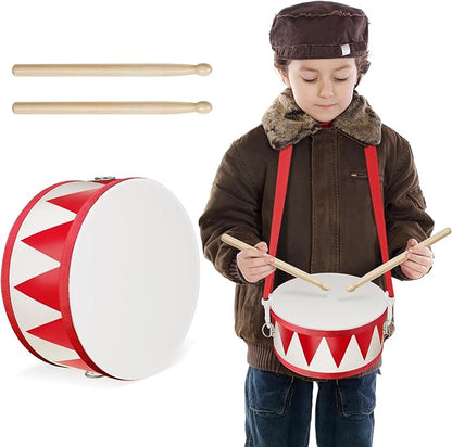 Kids Drum Set 8 Inch Wooden Toy Drum with Adjustable Strap 2 Drumsticks Educational Sensory Musical Instrument Toy Set for Toddlers Kid Baby Boys Girls Gift(Red Triangle Style)