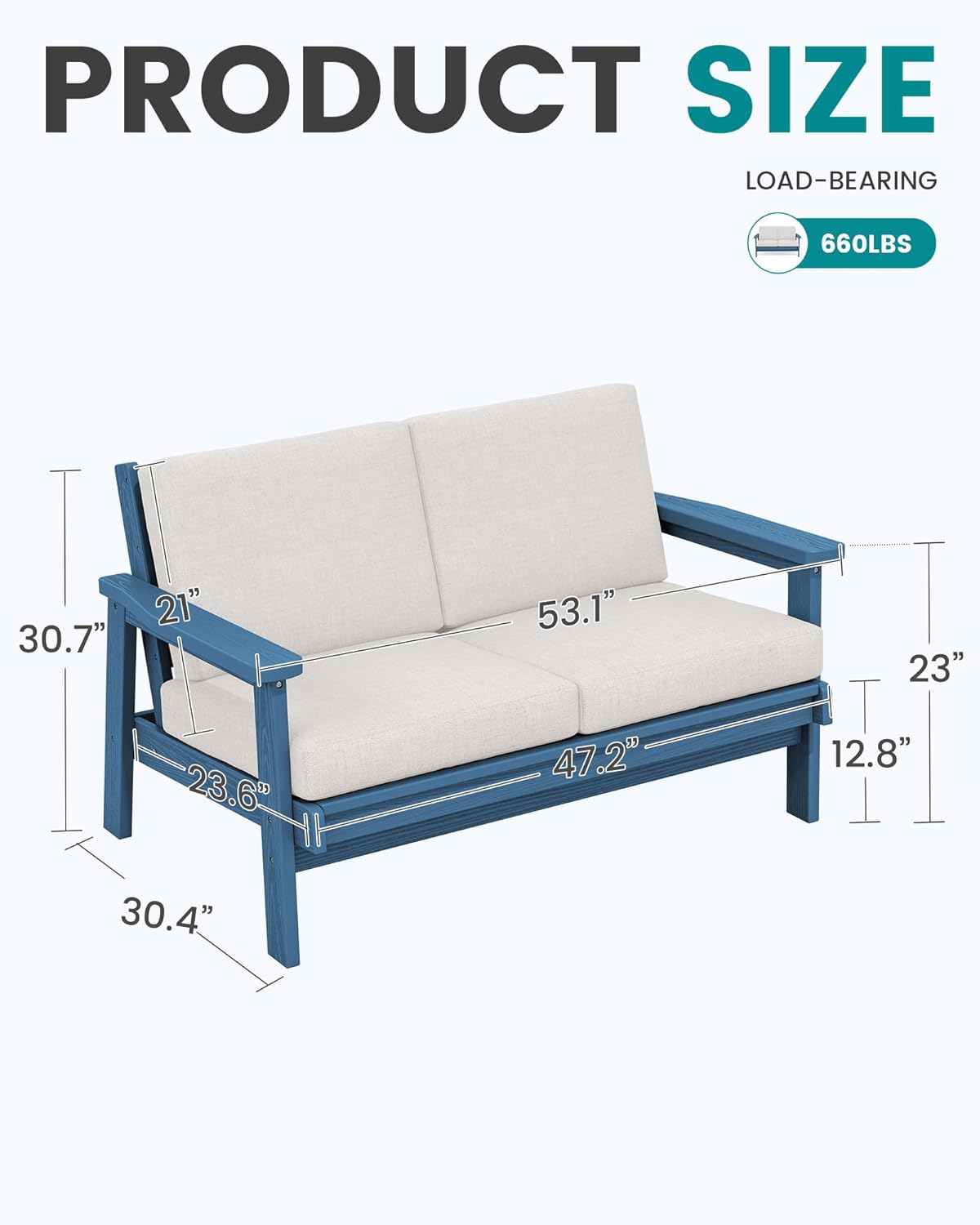SERWALL HDPE Outdoor Patio Loveseat, Blue Frame and Khaki Cushion