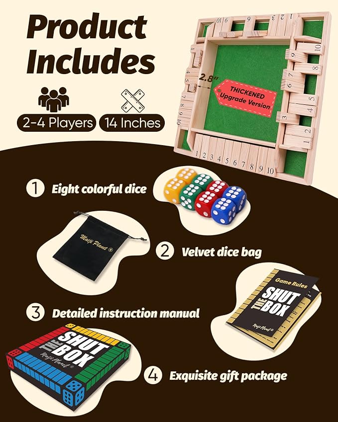 14" Deluxe Shut The Box Game, Math Dice Board Game for Family Night Classroom Travel, Wooden Table for Group Kid Adult Senior, Travel Party Bar, Easy Quick and Fun, 2-4 Players