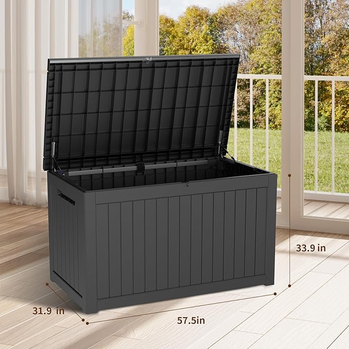DRATO 230 Gallon Deck Box, Outdoor Large Waterproof Resin Storage Box with Lockable Lid for Patio Cushions, Gardening Tools, Sports Equipment, Black