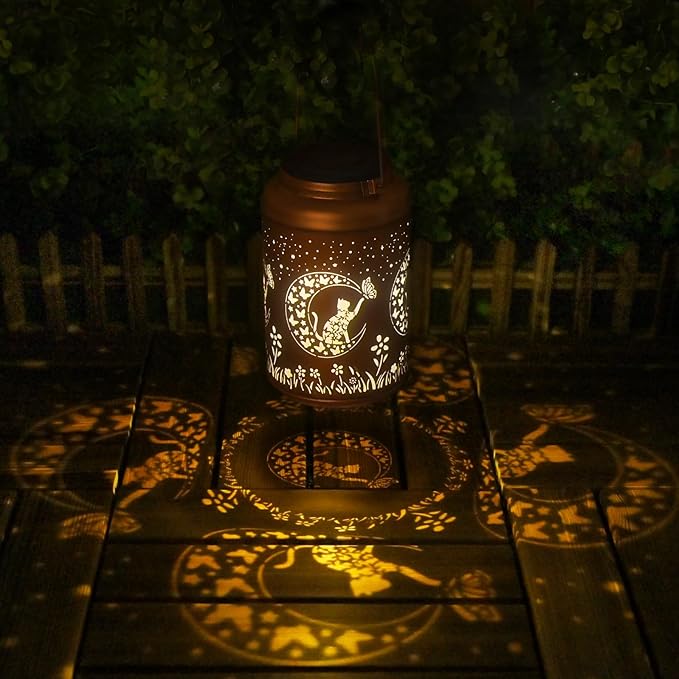 Solar Lanterns Outdoor Waterproof - 2 Pack Cat Garden Decor Birthday Gifts for Women Mom Grandma Hanging Solar Lights Metal Solar Lantern for Outside, Patio, Outdoor, Yard, Backyard, Porch