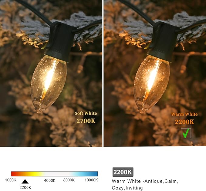 Waterproof C9 Replacement LED Light Bulbs –0.6W Equivalent to 7W, White Warm 2200K Outdoor String Lights E17 Base LED Light Bulbs, Clear Plastic, 25Pack