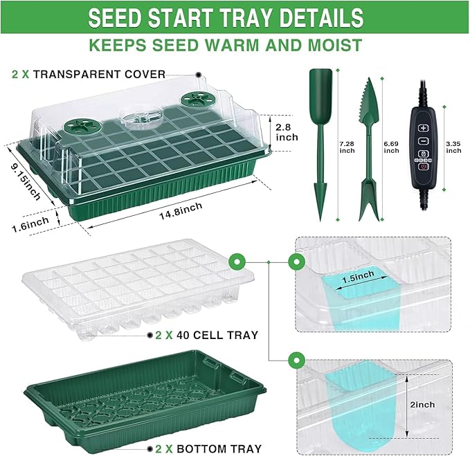 YAUNGEL Seed Starter Tray with Grow Light, Seed Starter Kit with Timing Controller Adjustable Brightness,80 Cells Seed Starter Tray for Indoor Planting with Humidity Domes Heightened Lids 2 Pack