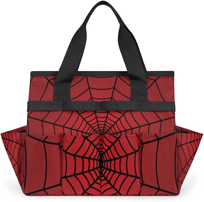 Spiders Web Red Gardening Tool Bag,Heavy Duty Garden Tote Bag,Portable Oxford Gardening Storage Basket Organizer Handbag with Pockets Handle,Hand Tools Gifts for Outdoor Garden Lawn