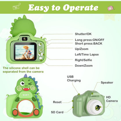 Kids Camera,HD Digital Video Camera,Childrens Toys for 3 4 5 6 7 8 9 Year Old Boys/Girls,Selfie Camera for Kids,Christmas Birthday Gifts with 32GB SD Card (Dinosaur Green)