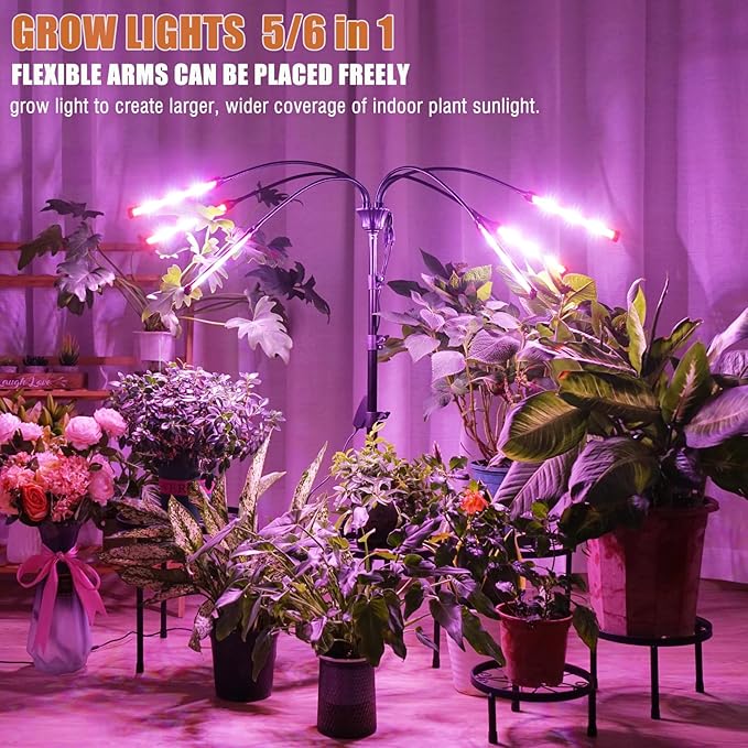 Grow Lights for Indoor Plants Full Spectrum with Stand and Timer, (Red+Blue+White) 6 Heads LED Plant Lights for Indoor Growing, Standing Floor House Plant Lamp for Seed Starting.