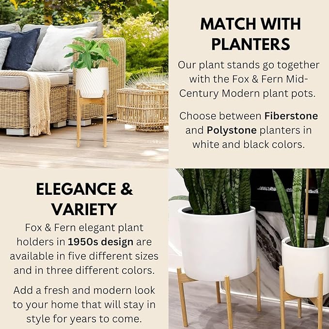 Fox & Fern Mid Century Tall Plant Stand — 10 Inch Fixed Size Raised Bamboo Plant Stand for Indoor Pots; Modern Flower Pot Holder with Plug In Design; Easy to Assemble; Two Height Options - Bamboo