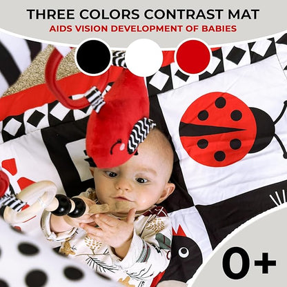 QUOKKA Padded Baby Gym Mat for Floor Tummy Time - High Contrast Baby Kick and Play Gym Mat - 6 Toys | Thick Pad | Machine Washable | Black White Red Colors for Vision Development