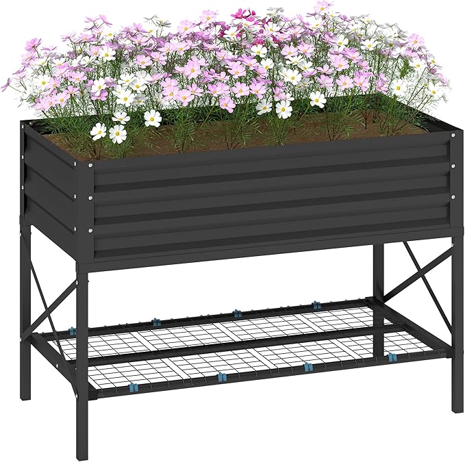 Outsunny Raised Garden Bed with Galvanized Steel Frame, Storage Shelf and Bed Liner, Elevated Planter Box with Legs for Vegetables, Flowers, Herbs, Dark Gray