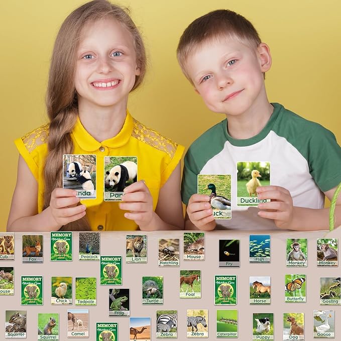 gisgfim 50 Pairs Memory Matching Game Adult & Baby Animal Memory Games Educational Matching Game for Kids and Adults A Fun & Fast Animal Memories Games Toddlers Preschool Family Board Gift
