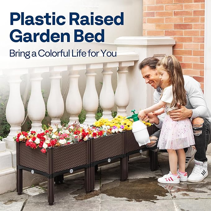 VIVOHOME 2 Packs Elevated Plastic Raised Garden Bed Planter Kit, Outdoor Planters Above Ground Flower Vegetable Standing Planter Box for Patio Deck Porch W/Drainage Holes