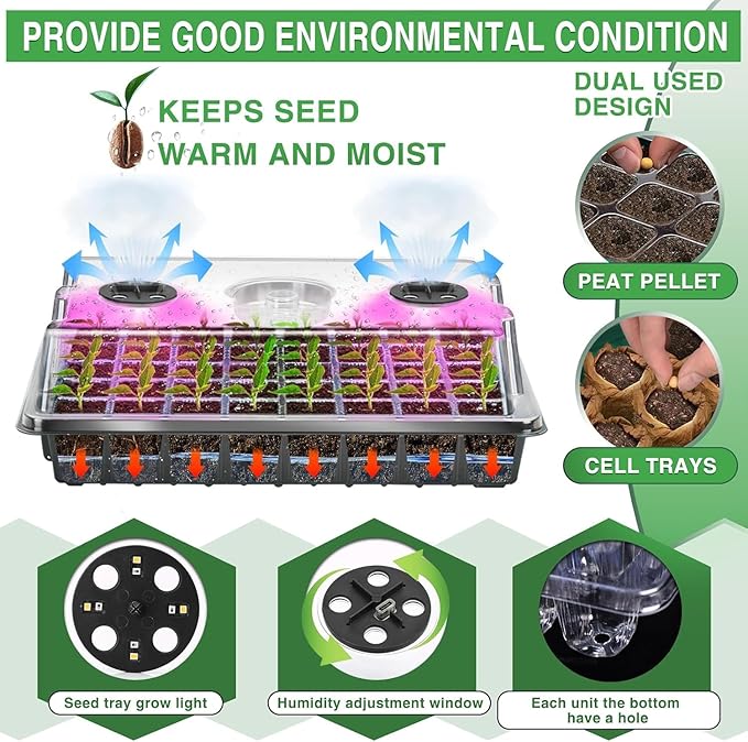 YAUNGEL Seed Starter Tray with Grow Light, Seed Starter Kit with Timing Controller Adjustable Brightness, 80 Cells Seed Trays for Indoor Planting with Humidity Domes Heightened Lids 2 Pack, Black