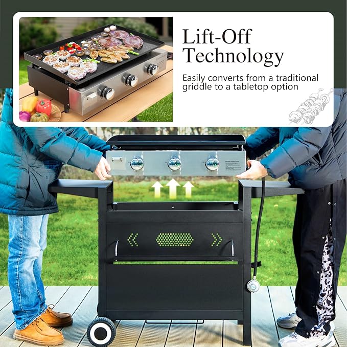 Sophia & William 27-Inch Flat Top Grill with Ceramic Coated Cast Iron Griddle, 3-Burner Propane Gas BBQ Griddle, Portable Outdoor Barbecue Grill,33,000 BTU,Black