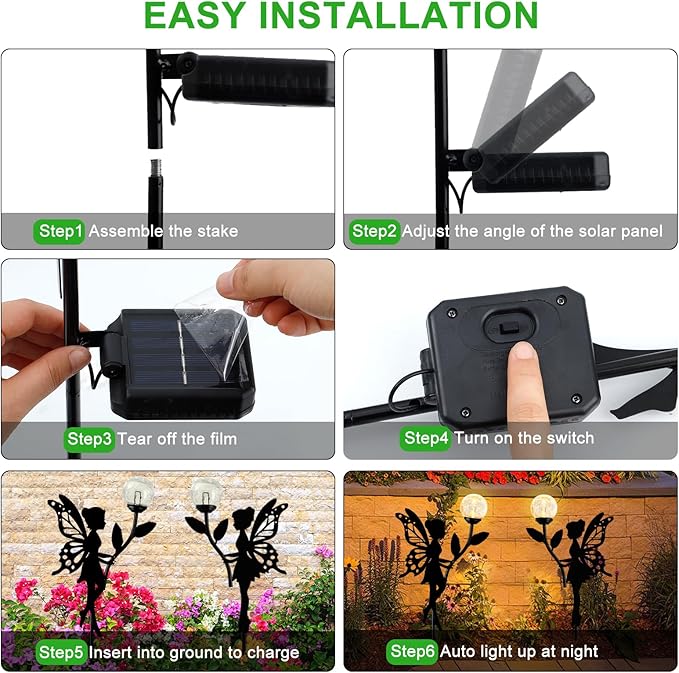 Ouddy Decor 2 Pack Solar Fairy Garden Decor, Metal Statues with Crackle Glass Globe Lights Silhouette Waterproof for Outdoor Lawn Patio Yard Pathway Home Decorations Gardening Gifts for Mother's Day