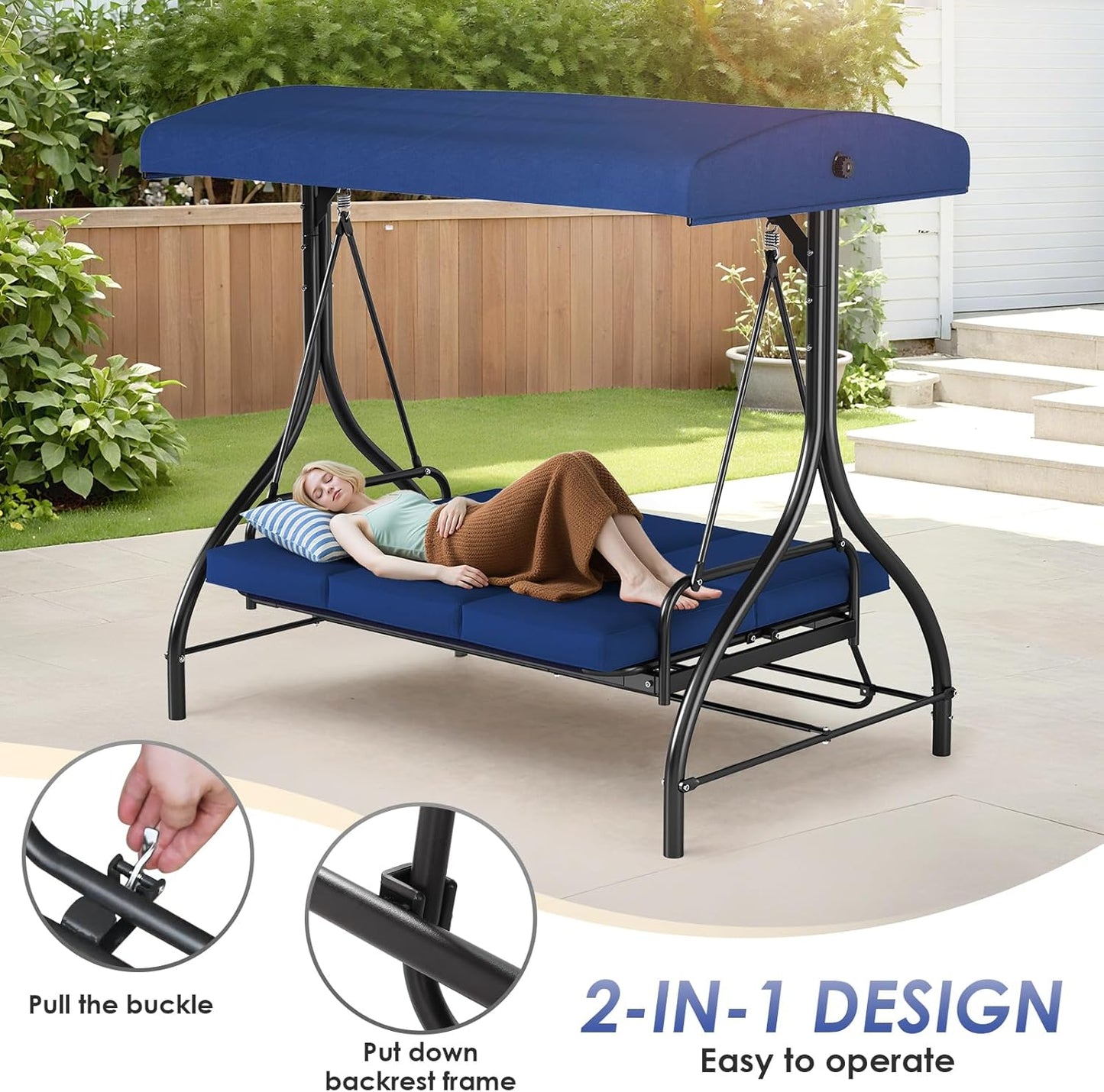 MAMIZO 3-Seat Patio Swing with Adjustable Canopy & Backrest, Outdoor Porch Swing Chair for Adults, Outside Porch Converting Bed Thickened Removable Cushions, 2mm Steel Pipe, for Garden, 750LBS