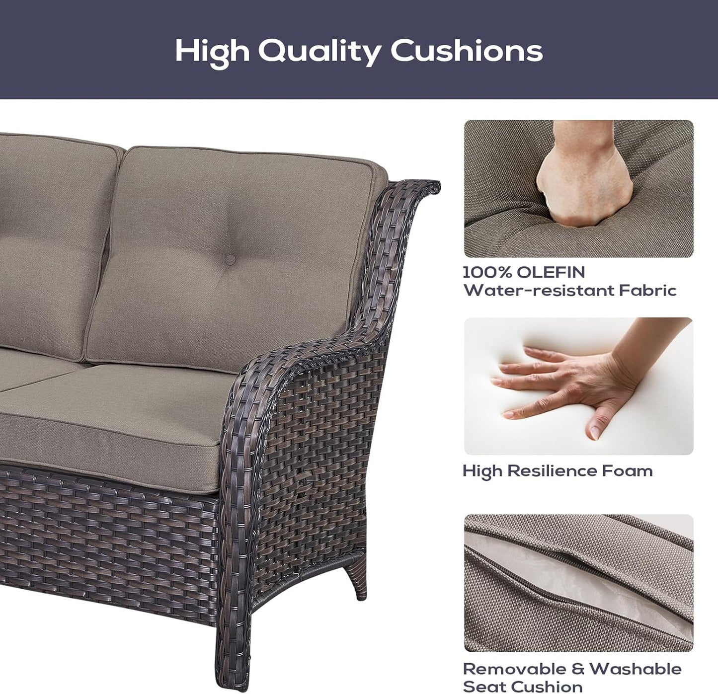 Outdoor Patio Furniture Set with 50000BTU Propane Fire Pit Table, 4 Pieces Wicker Patio Conversation Set with 2 Swivel Rocker Glider Chairs Rattan Sofa Blue Cushion Perfect for Casual Gathering