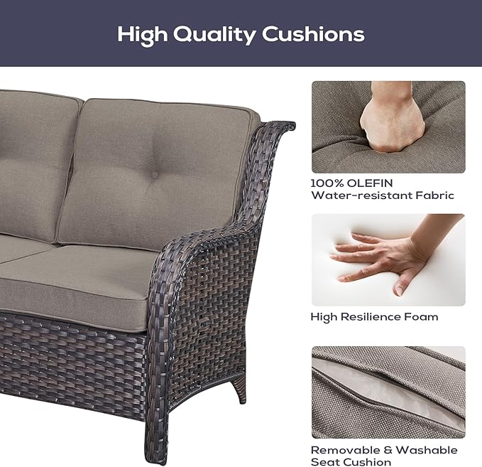 Outdoor Patio Furniture Set with 50000BTU Propane Fire Pit Table, 4 Pieces Wicker Patio Conversation Set with 2 Swivel Rocker Glider Chairs Rattan Sofa Grey Cushion Perfect for Gathering