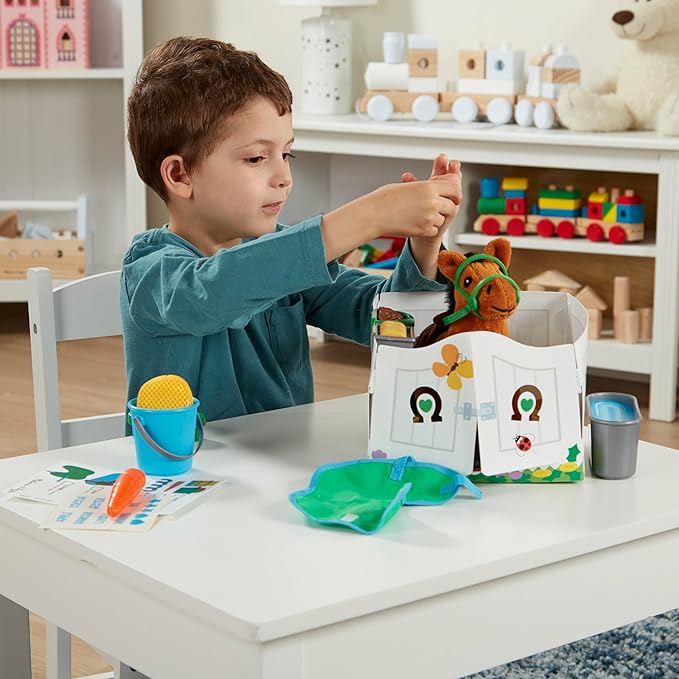 Melissa & Doug Feed & Groom Horse Care Play Set with Plush Stuffed Animal (23 pcs) Pretend Play Horse Plush Toys for Girls and Boys Toddlers Ages 1+