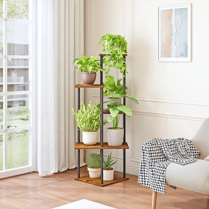 Plant Stand Indoor 5-Tier Metal Wood Plant Shelf for Multiple Flower Pots Corner Tall Flower Holders for Living Room Balcony Bedroom, Brown