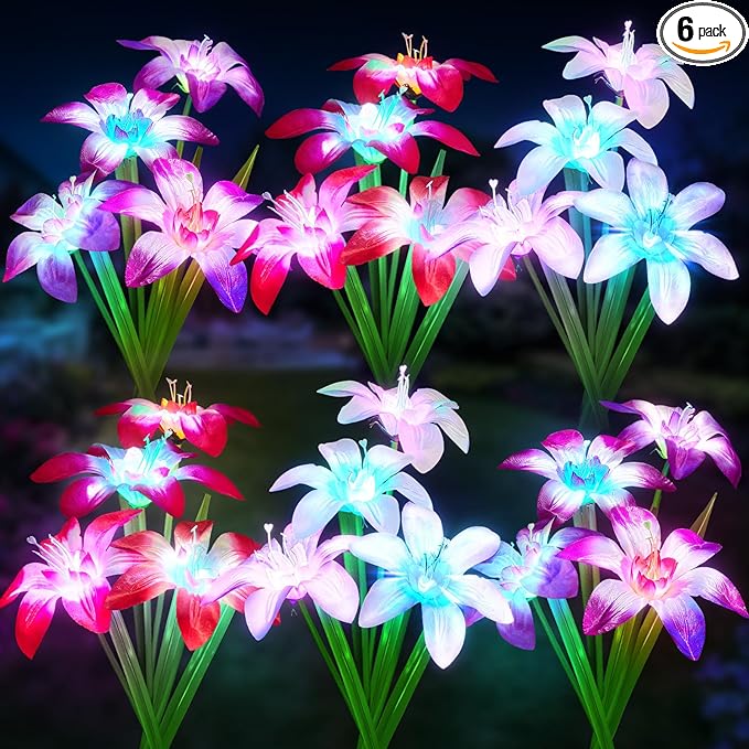 WdtPro 2025 Upgraded Solar Lights Outdoor 6 Pack, Solar Garden Lights with 24 Blooming Lily RGB Light, 7 Color Changing Waterproof Solar Flower Lights for Outside Yard, Patio Decor Gifts