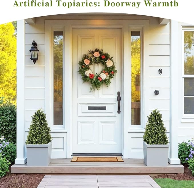 30" Artificial Boxwood Topiary Trees Outdoor Set of 2 - UV Resistant Faux Plants for Front Porch Outside Planter, Realistic Fake Cone-Shaped Bushes & Shrubs 2.5ft