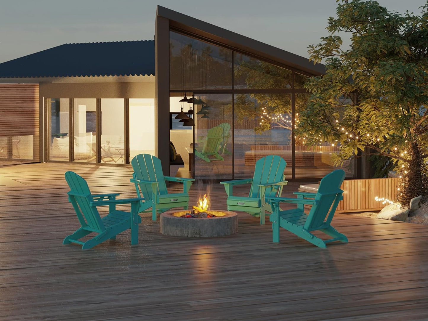 MUCHENGHY Folding Adirondack Chairs 6 Pack, Patio Chairs, Outdoor Chairs, Adirondack Chair Plastic, Fire Pit Chairs, Weather Resistant with Cup Holder for Deck, Backyard, Garden(Lake Blue)