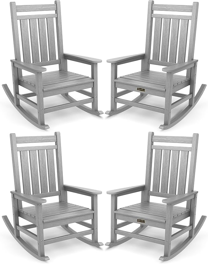 SERWALL Oversized Outdoor Rocking Chair Set of 4, HDPE Rocker for Adults, Patio Rocking Chairs for Porch, Sliver Gray