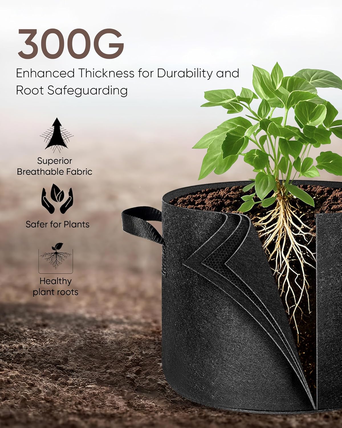 The Growing 5 Pack 7 Gallon Fabric Grow Bags，Thickened Aeration Nonwoven Fabric Plant Pots with Durable Handles,Heavy Duty 300G Planter Pot for Tomato, Fruits, Vegetables and Flowers, Black