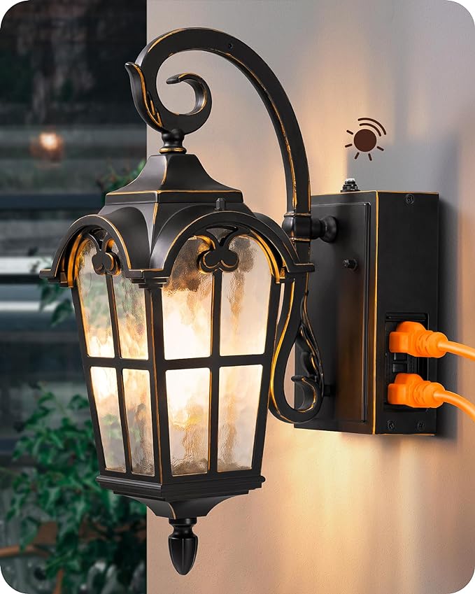 EDISHINE 2 Pack Dusk to Dawn Outdoor Wall Lights, Porch Lights with GFCI Outlet, Retro Black Outdoor Wall Lantern, Waterproof Outside Exterior Light Fixture for Front Door, Patio, Garage, E26 Socket