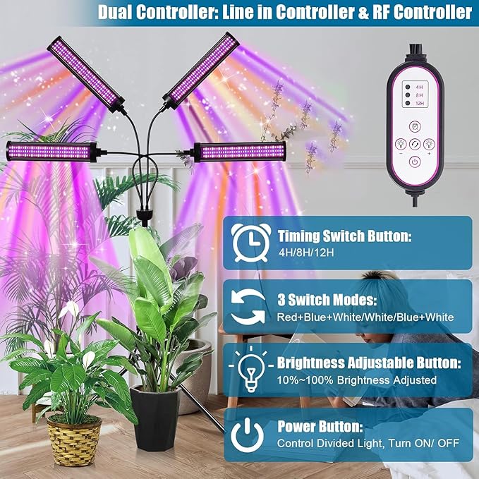 LED Grow Lights for Indoor Plants, 432 LEDs Red Blue White Full Spectrum Plant Lights for Indoor Growing with 15-63 inches Adjustable Tripod Stand, 4 Heads Grow Lamp with 4/8/12H Auto On/Off Timer