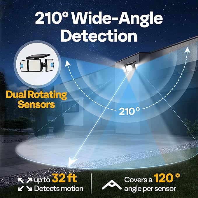 VIVOHOME Linkable Solar Flood Lights Outdoor, 2 Adjustable Motion Sensors Security Lights with 3 Heads, 2500LM, IP65 Waterproof, Solar Powered for Outside, Yard, Porch, Patio, 3 Pack