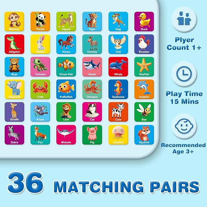 72 PCS Animals Memory Matching Game for Kids, Animal Theme Board Game for Toddlers, Memory Cards Concentration Game for Ages 3 and Up
