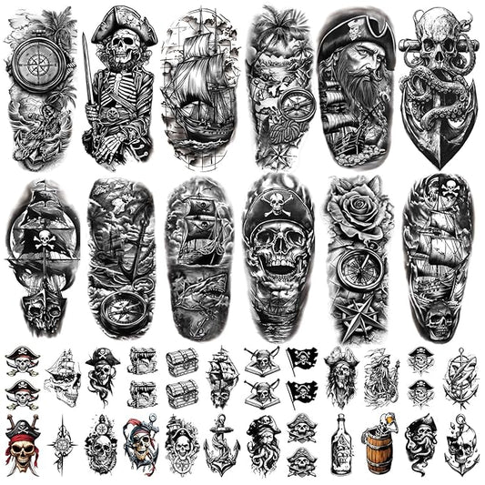 77 Sheets Pirate Skull Temporary Tattoo for Women Men, 17 Sheets Half Arm Large Flower Skeleton Octopus Fake Tattoos, 60 Sheets Anchor Clock Black Tiny for Adult Kids Body Tattoos Stickers Realistic
