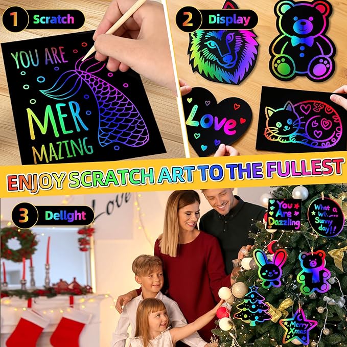 60 Pcs Scratch Art for Kids, Rainbow Scratch Paper, Black Magic Scratch Off Craft Set for 3 4 5 6 7 8 9 10 Years Old Girls and Boys Kids, Party Games Christmas Birthday Easter Gifts