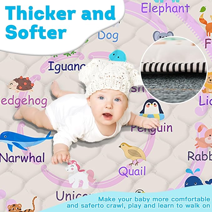 Baby Play Mat，Thick Soft 47" X 47" Playpen mat, Non-Slip and Machine Washable Baby Play Mats for Floor，Crawling Mat for Babies, Toddlers & Infants to Play and Learn (Pink Animal)