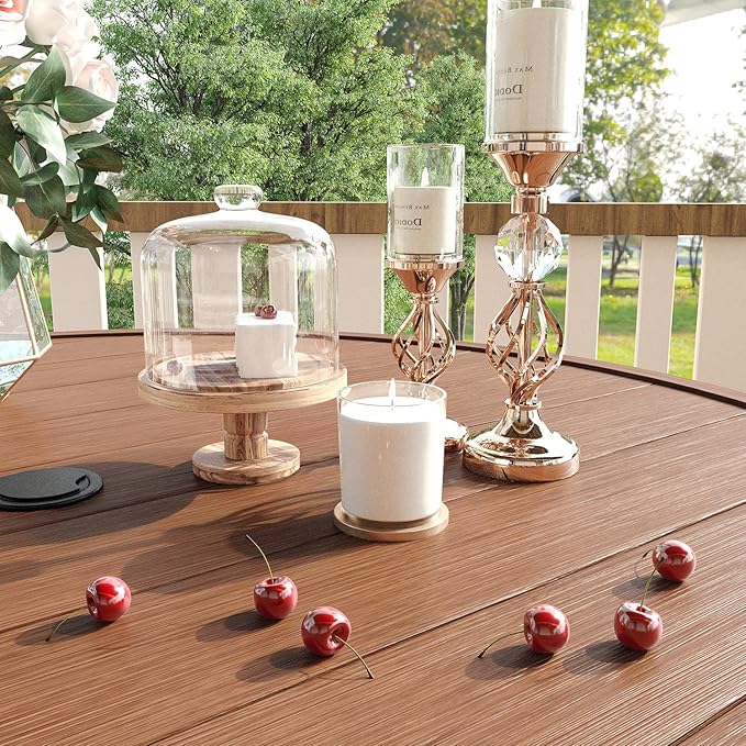 VICLLAX 53" Outdoor Round Patio Table for Lawn Garden, All Weather Metal Round Patio Dining Table with Adjustable Umbrella Hole, Patio Table for 8 Person, Walnut Tabletop