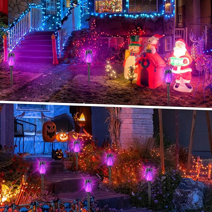 EOYIZW Solar Lights Outdoor, Halloween Decorations Purple Solar Tiki Torches for Outside Lights, 12 Pack Solar Torch Light with Flickering Flame Landscape Outdoor Lights for Yard Patio Garden