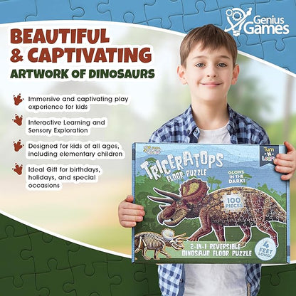 Triceratops Dinosaur Jigsaw Puzzle | 100-Piece Double Sided Floor Puzzle with Glow-in-The-Dark Skeleton On Other Side | 4 FT Scientifically Accurate Dino Illustration | Educational Toy for Kids