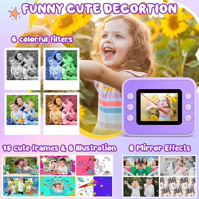 Kids Camera Instant Print, Christmas Birthday Gifts for Girls and Boys, 1080P HD Video Digital Kids Camera with 32G Card, Toddler Camera for 3-12 Years Old, Purple