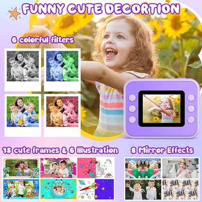 Kids Camera Instant Print, Christmas Birthday Gifts for Girls and Boys, 1080P HD Video Digital Kids Camera with 32G Card, Toddler Camera for 3-12 Years Old, Purple