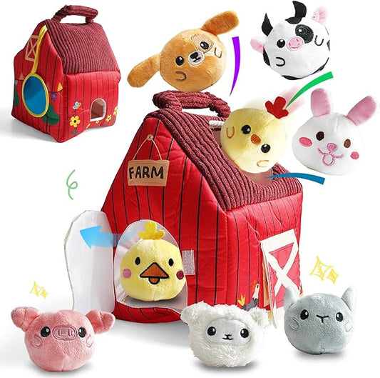 Baby Montessori Toys 6-12 Months, Busy Sensory Toys for Toddlers 1-3, Plush Big Red Barn with Stuffed Farm Animals, Rattle, Crinkle,Christmas Easter Birthday Gifts for Baby Boys Girls
