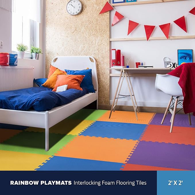 FlooringInc's Rainbow & Natural Harmony Playmat - Kid Safe Foam Floor Tiles with Removable Edges - 2'x2', 1/2" Thick (Rainbow, 24 Tile Pack)