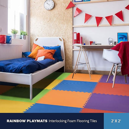 FlooringInc's Rainbow & Natural Harmony Playmat - Kid Safe Foam Floor Tiles with Removable Edges - 2'x2', 1/2" Thick (Rainbow, 24 Tile Pack)