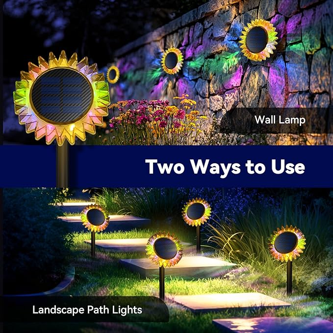 Hogni 4PK Solar Garden Lights, Ground Stake/Hang 2 in 1 Solar Sunflowers Outdoor Waterproof IP67, Outdoor Decor for Pathway Walkway Landscape Backyard Fence Decoration