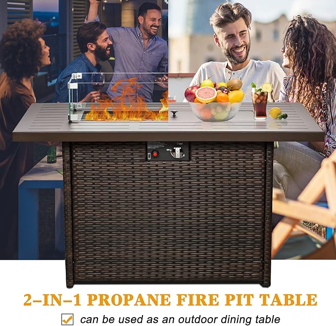 LayinSun 44" Propane Gas Fire Pit Table, 55000 BTU Rectangular Fire Pit with Glass Wind Guard for Outside Patio Deck Garden Backyard Brown-Aluminum Top